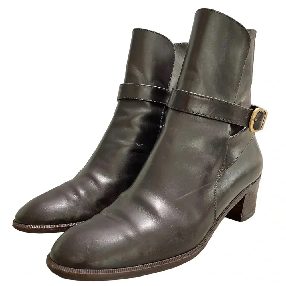 Salvatore Ferragamo Brown Leather Ankle Heeled Boots Size 6B Gold Buckle Detail